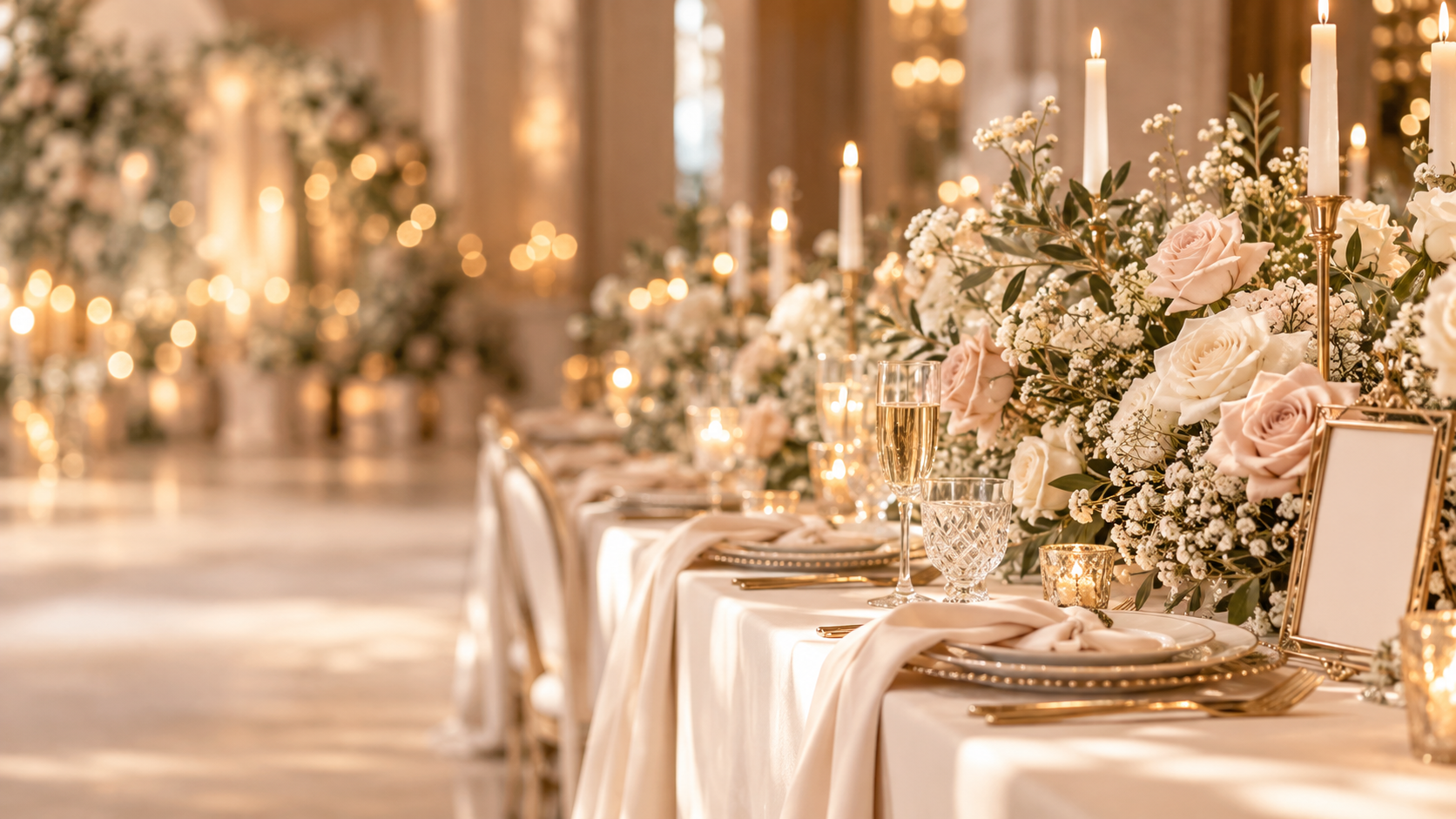 Elegant ivory wedding tables with roses and candlelight