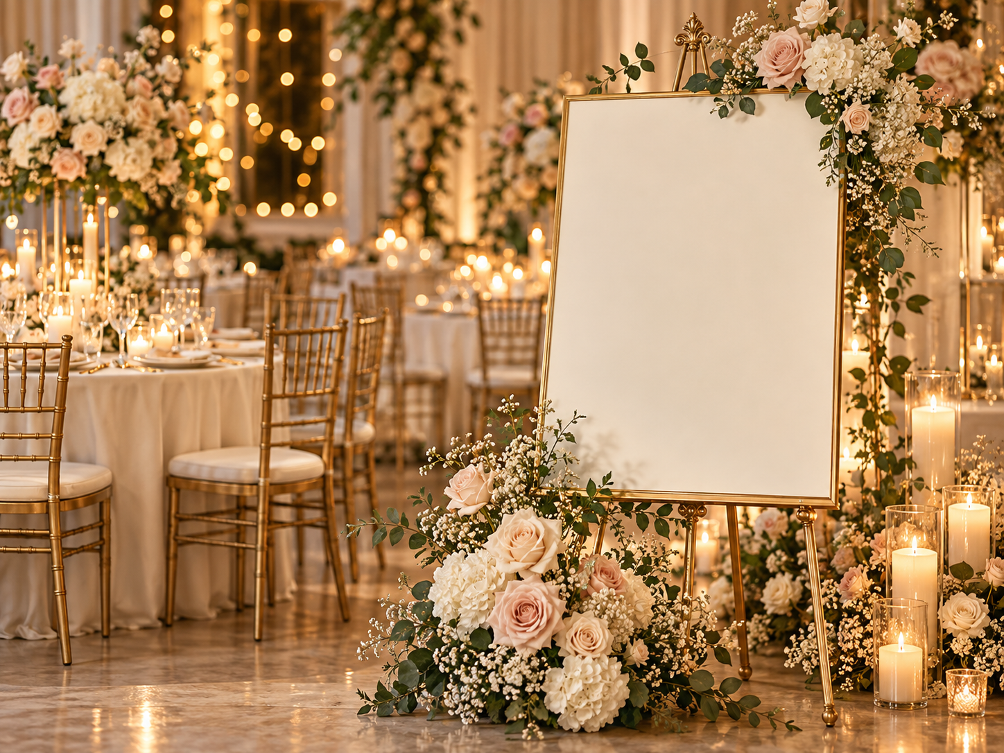 Elegant wedding reception welcome sign surrounded by roses and candlelight